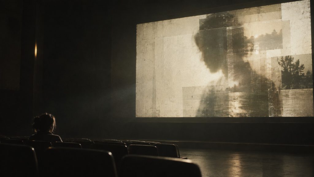 Una persona en una sala de cine contempla una figura de luz en la pantalla.
